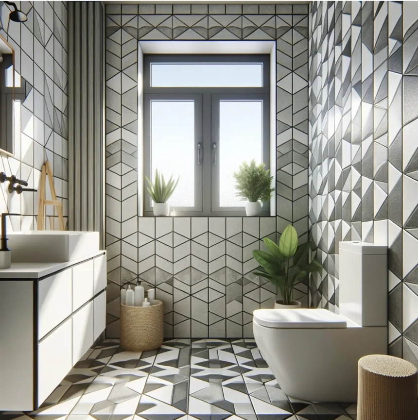 A small bathroom with compact geometric tiles on the floor and walls, adding visual interest while maintaining a clean and modern look. Ideal for small bathroom ideas.