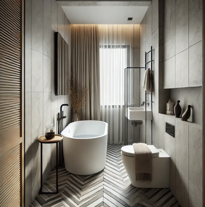 A small bathroom with a freestanding bathtub positioned in a narrow space, featuring a modern design that maximizes limited space while remaining stylish and functional. Ideal for small bathroom ideas.