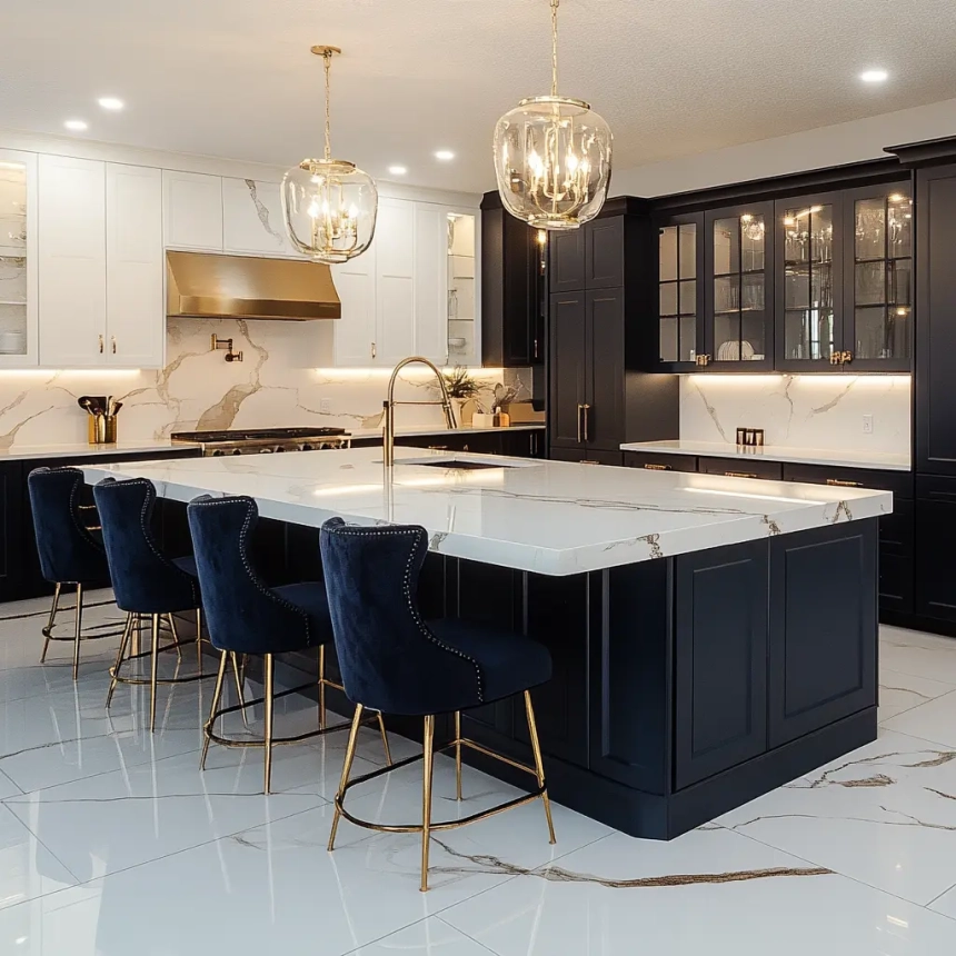 Sophisticated kitchen with navy blue cabinetry, marble countertops, and gold-accented light fixtures, highlighting kitchen design and remodel services.