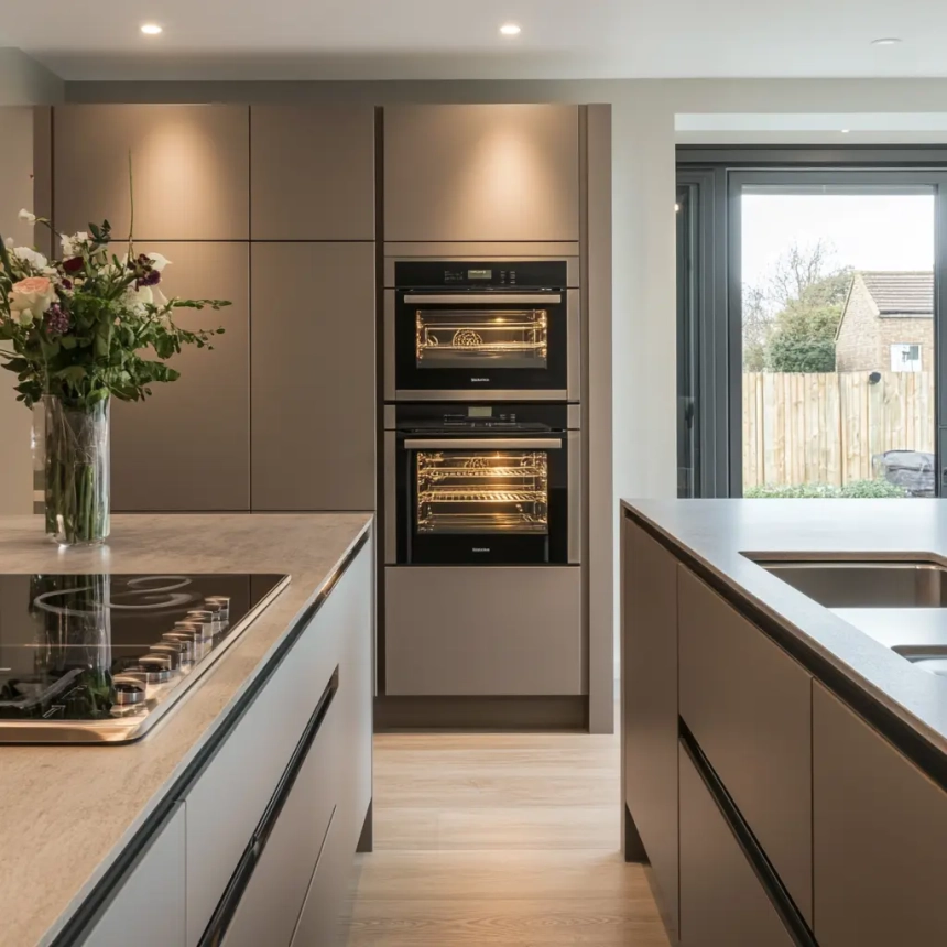 Integrated appliances in a modern kitchen with a seamless design, emphasizing efficient and minimalist kitchen cabinetry.
