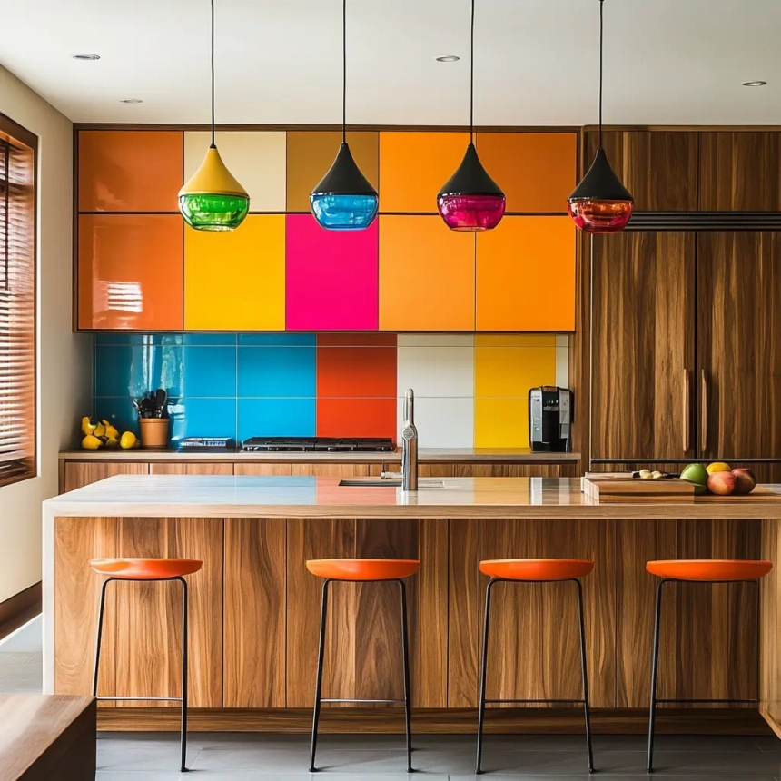 Wooden kitchen cabinets accented with bold pops of color, creating unique kitchen units for a vibrant modern kitchen.