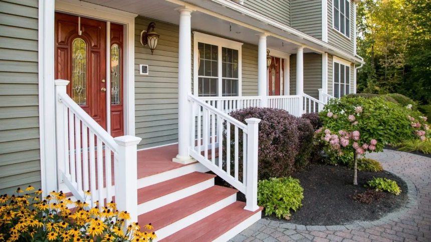 Simple front deck idea with white stairs, red-toned decking, and classic front porch columns