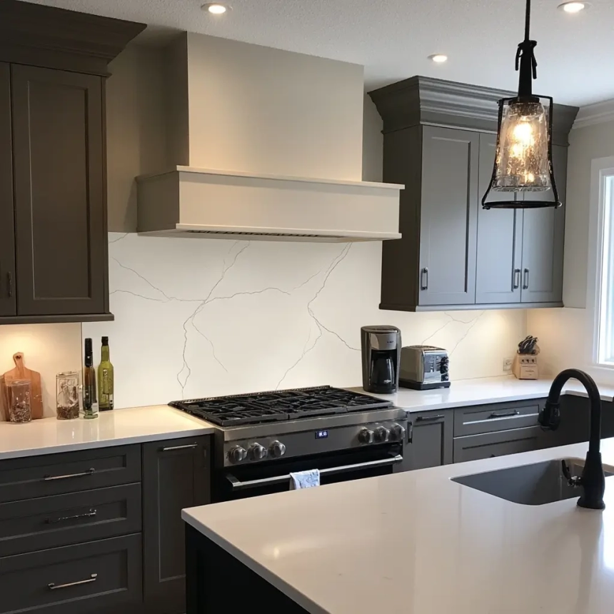 Modern kitchen with plain white quartz backsplash and matching countertops, complemented by dark cabinetry for a clean, minimalist style.