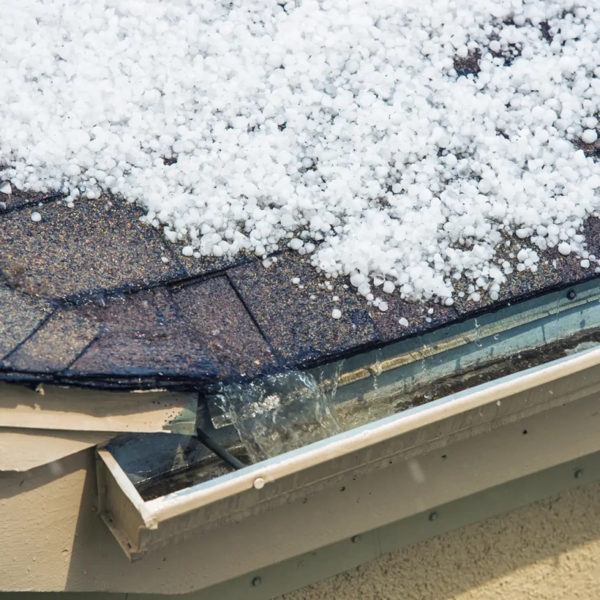 Hail accumulation on a roof causing visible damage to asphalt shingles, highlighting the need for roof replacement due to storm damage.