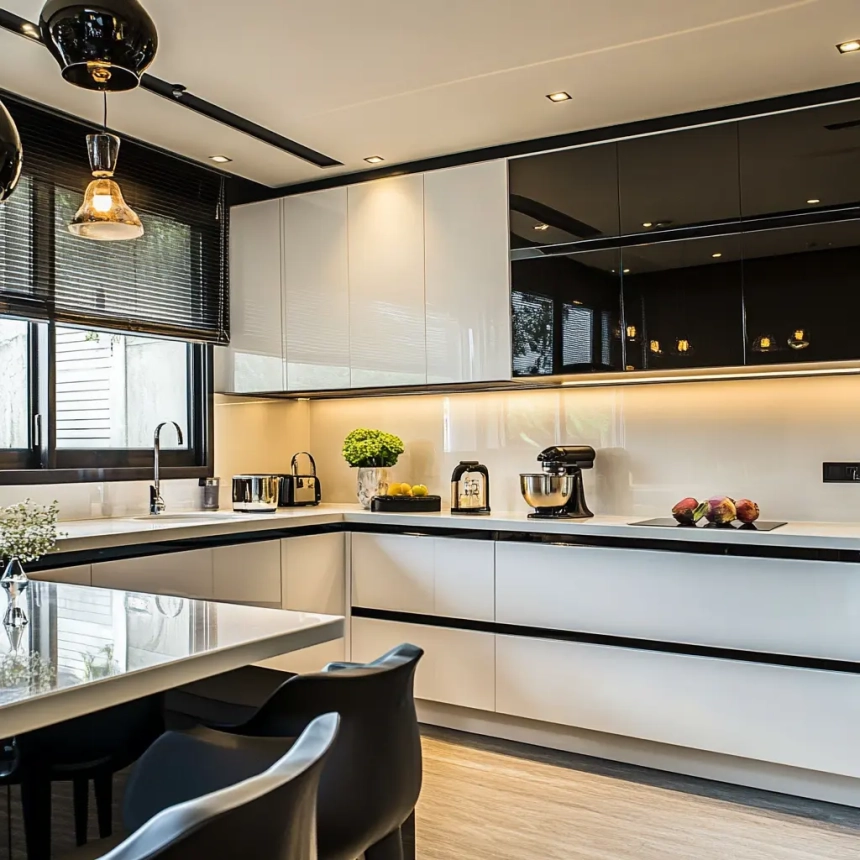 Glossy white kitchen cabinets in a bright, modern kitchen with clean lines and ample storage
