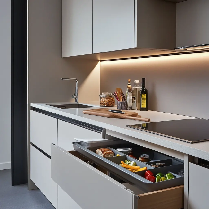 Compact kitchen with clever hidden storage solutions to maximize space and maintain a clutter-free environment.