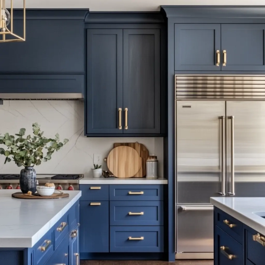Kitchen cabinets with bold hardware accents in navy blue, complementing a luxurious and modern kitchen design.