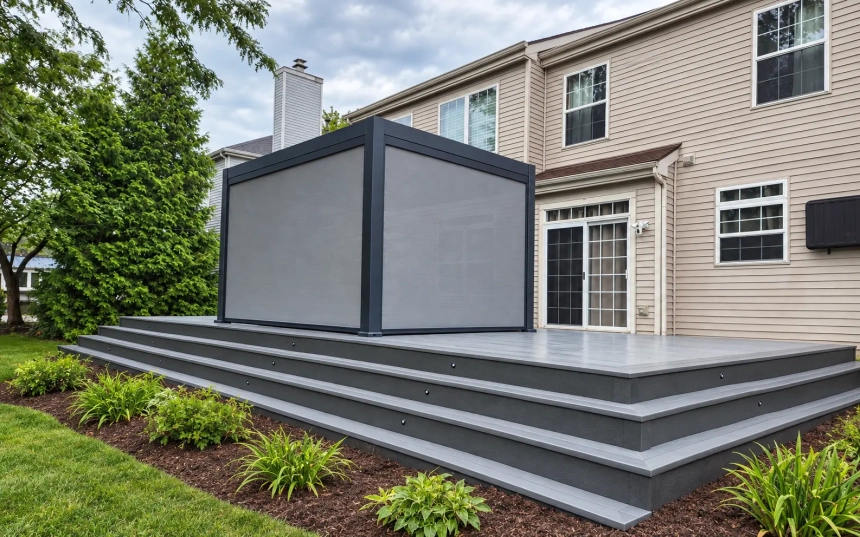 Composite deck with wide steps, recessed lights and pergola screens lowered in Bolingbrook, IL