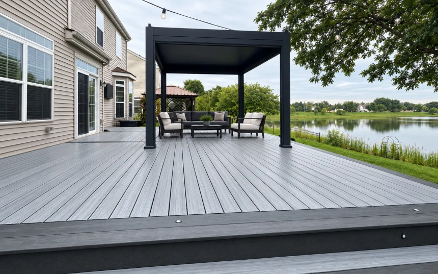 Trex Enhance Foggy Wharf decking with a Clam Shell picture-frame border overlooking the lake