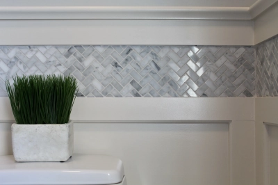 Porcelain marble-look subway tile 