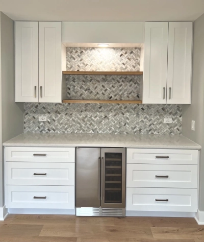 Wine chiller +Tiled backsplash coffe bar