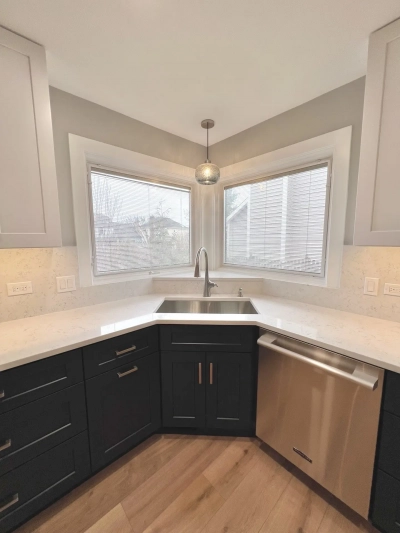 Corner kitchen sink + stainless dishwasher