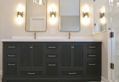 Custom double vanity with white quartz countertop