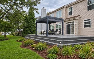Trex Enhance deck with pergola, wide steps and integrated lighting in Bolingbrook, IL