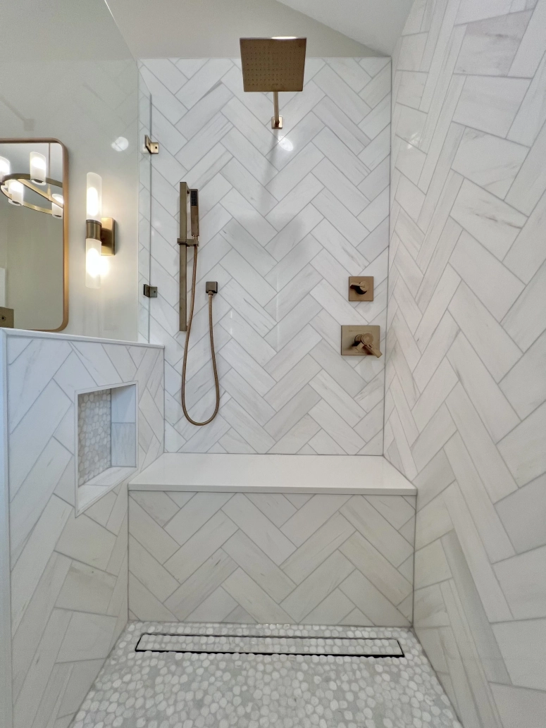 Herringbone Shower Tiles with Custom Shelf - Naperville, IL