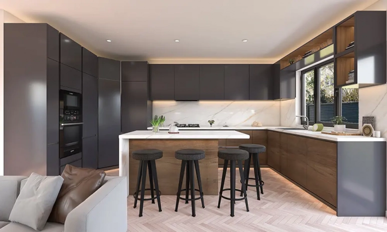 Waterfall Kitchen Island + Dark Cabinets in Naperville, IL